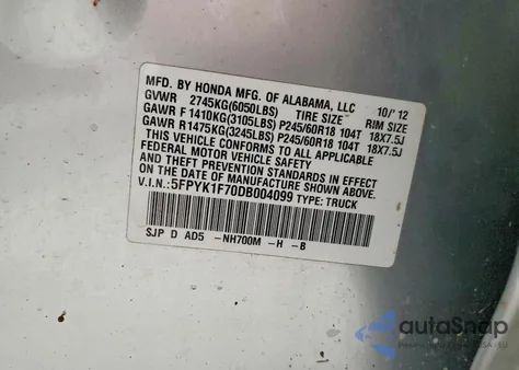 2013 Honda Ridgeline Sport из США, поврежденный, VIN 5FPYK1F70DB004099